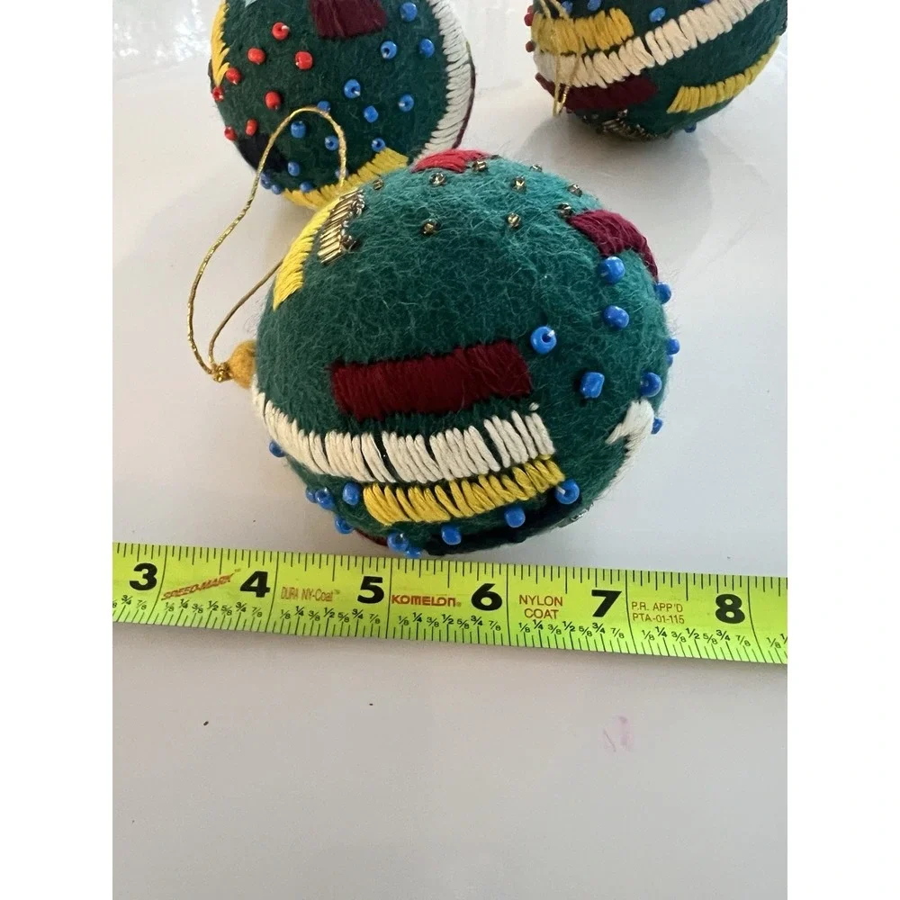 West Elm Teal Embroidered Beaded Felt ball ornament Christmas LOT OF 3